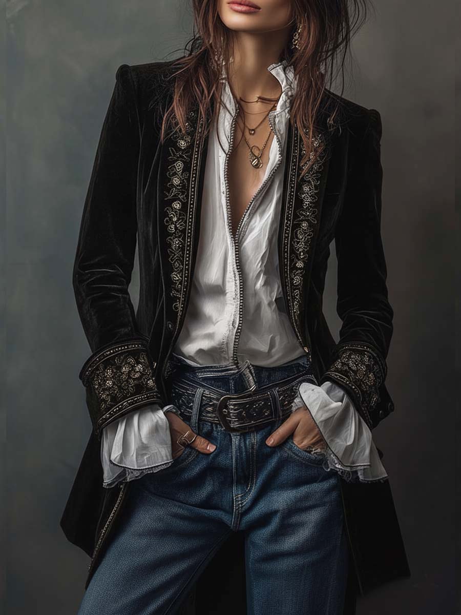 Vintage Navy Polyester Velvet Embroidered Long Jacket