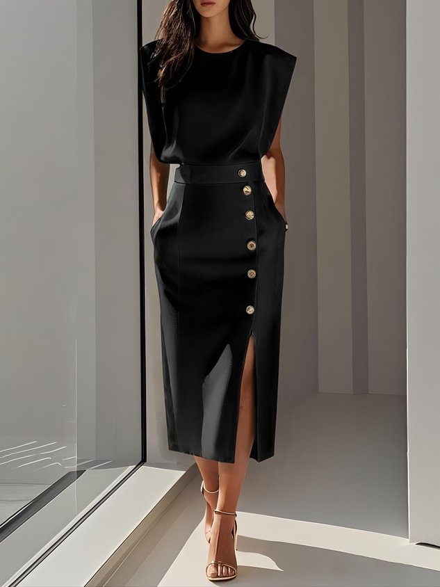 Hayden Marlene™ | Solid Midi Dress with Button Slit and Round Neckline
