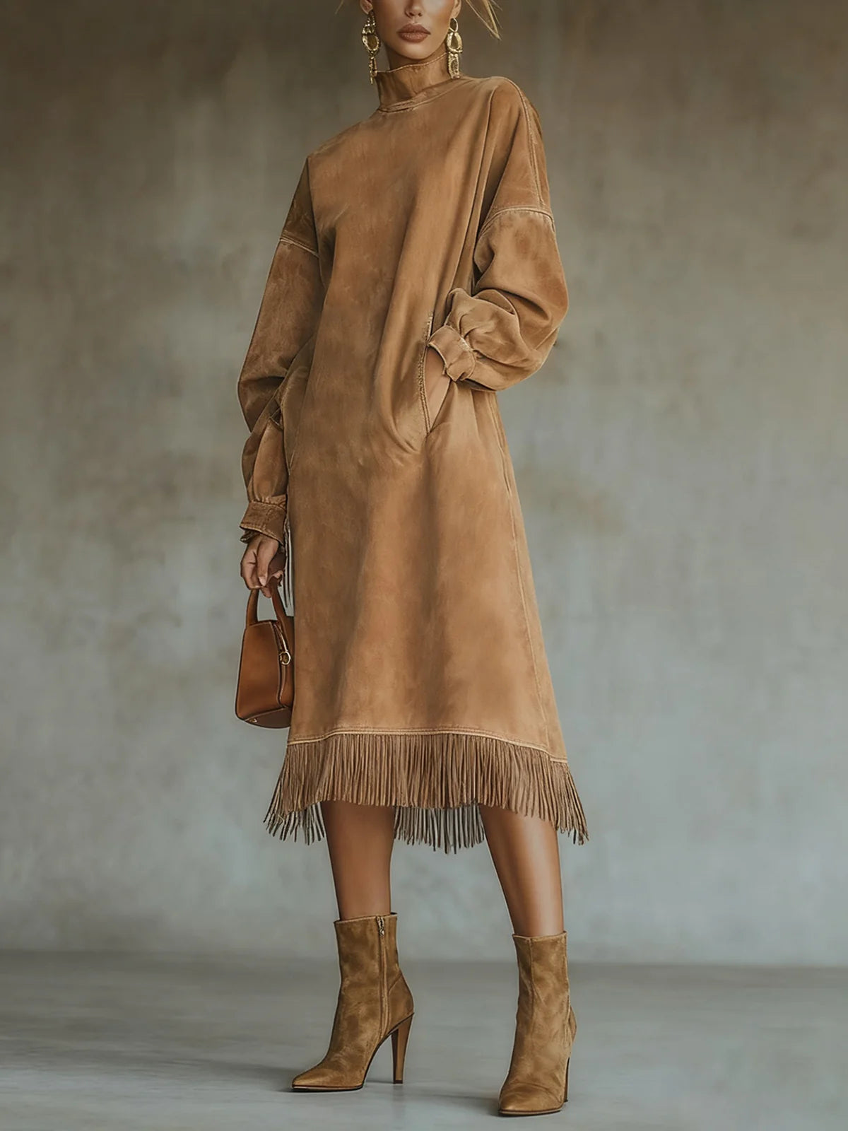 Suede Turtleneck Long Dress With Fringed Hem