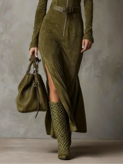 Vintage Green Zipper Belted Maxi Dress