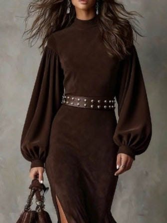 Retro lantern long-sleeved half-high collar maxi dress