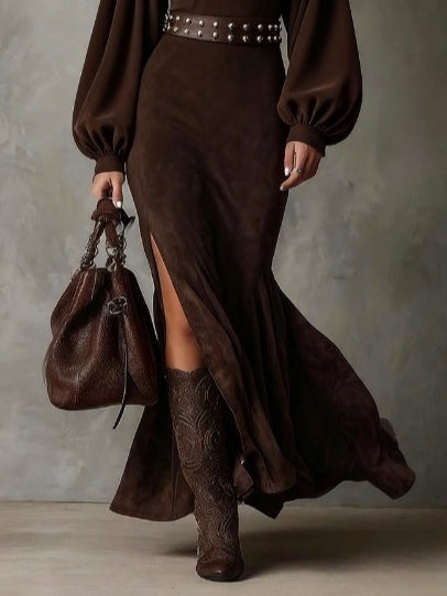 Retro lantern long-sleeved half-high collar maxi dress