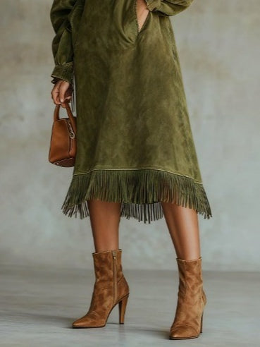 Suede Turtleneck Long Dress With Fringed Hem