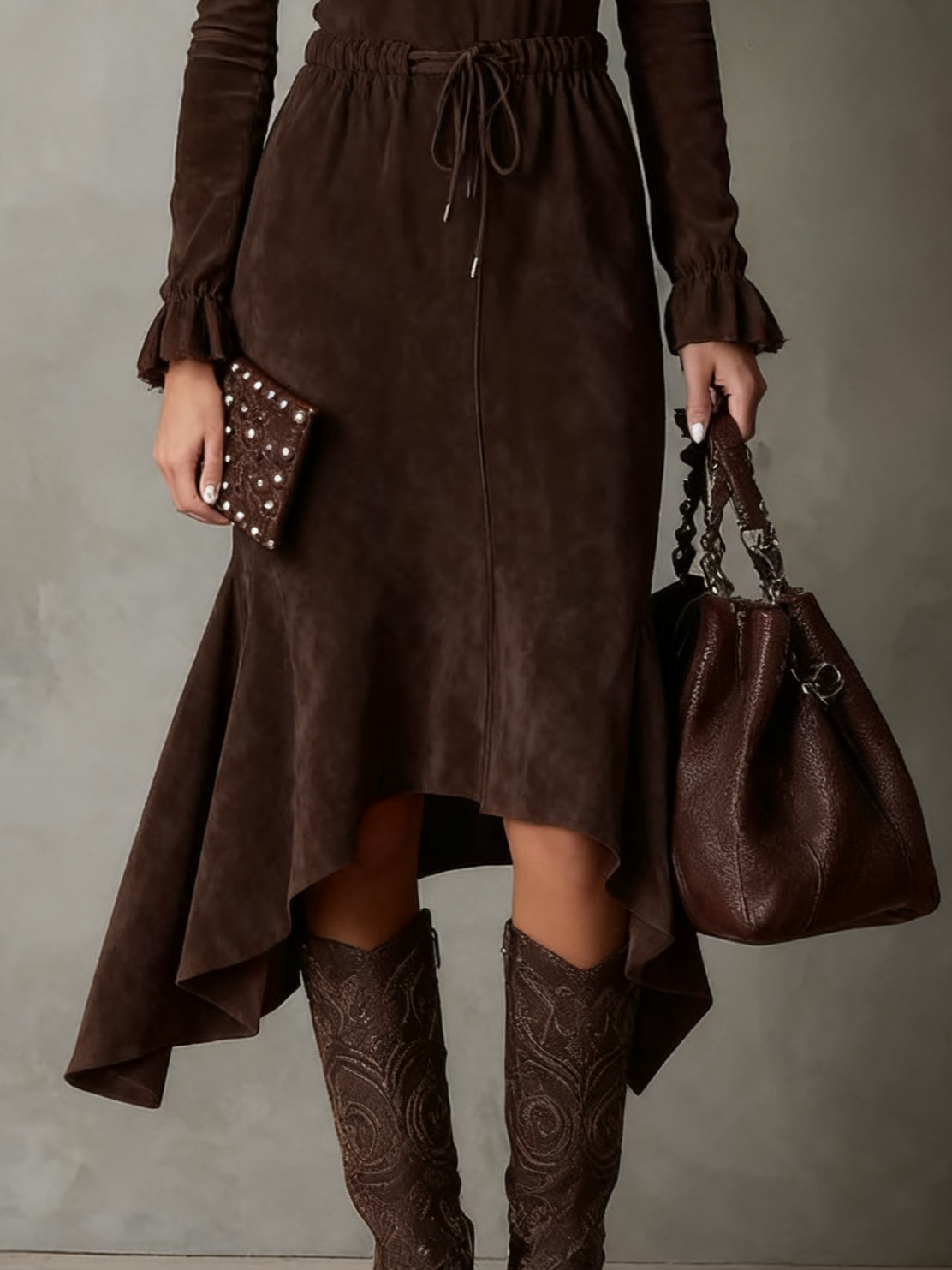 Elegant Dark Brown Suede Drawstring Irregular Midi Dress