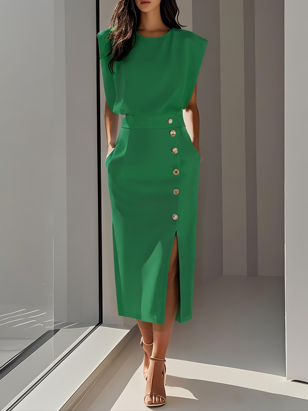 Hayden Marlene™ | Solid Midi Dress with Button Slit and Round Neckline
