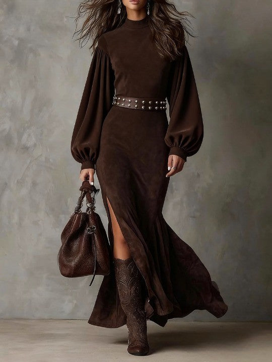 Retro lantern long-sleeved half-high collar maxi dress
