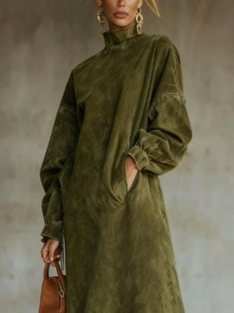 Suede Turtleneck Long Dress With Fringed Hem