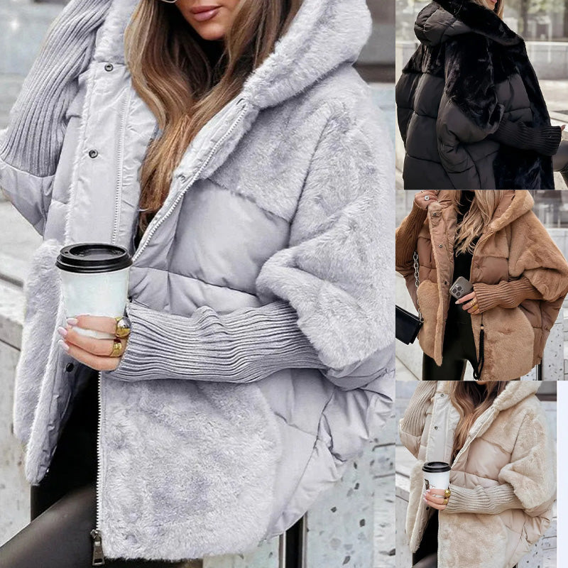 Women’s Oversized Puffer Jacket with Hood in Patchwork Design