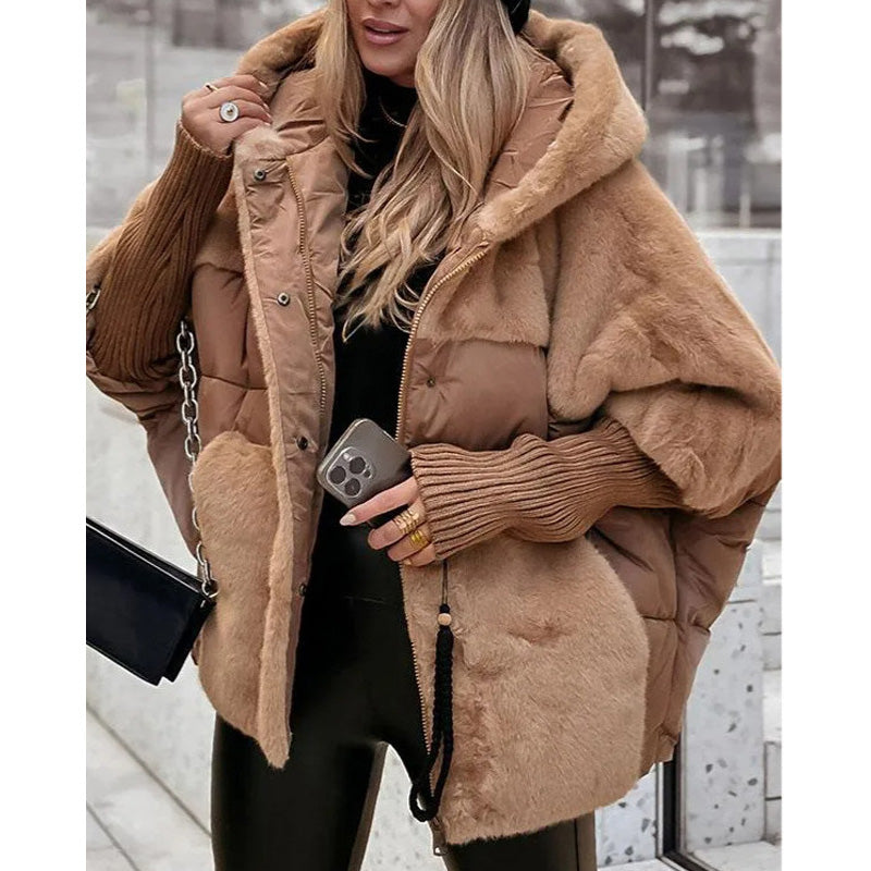 Women’s Oversized Puffer Jacket with Hood in Patchwork Design