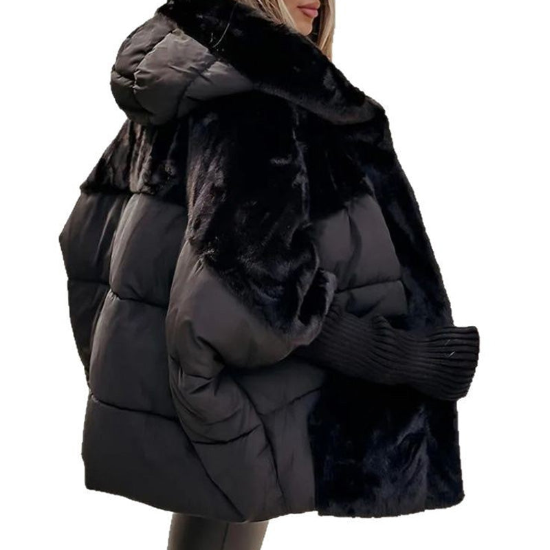 Women’s Oversized Puffer Jacket with Hood in Patchwork Design