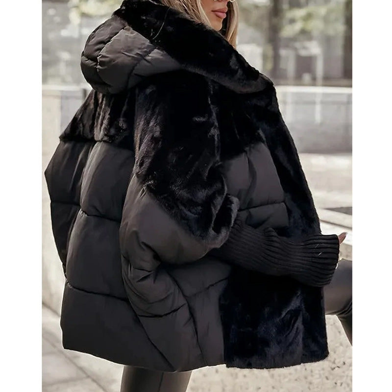 Women’s Oversized Puffer Jacket with Hood in Patchwork Design
