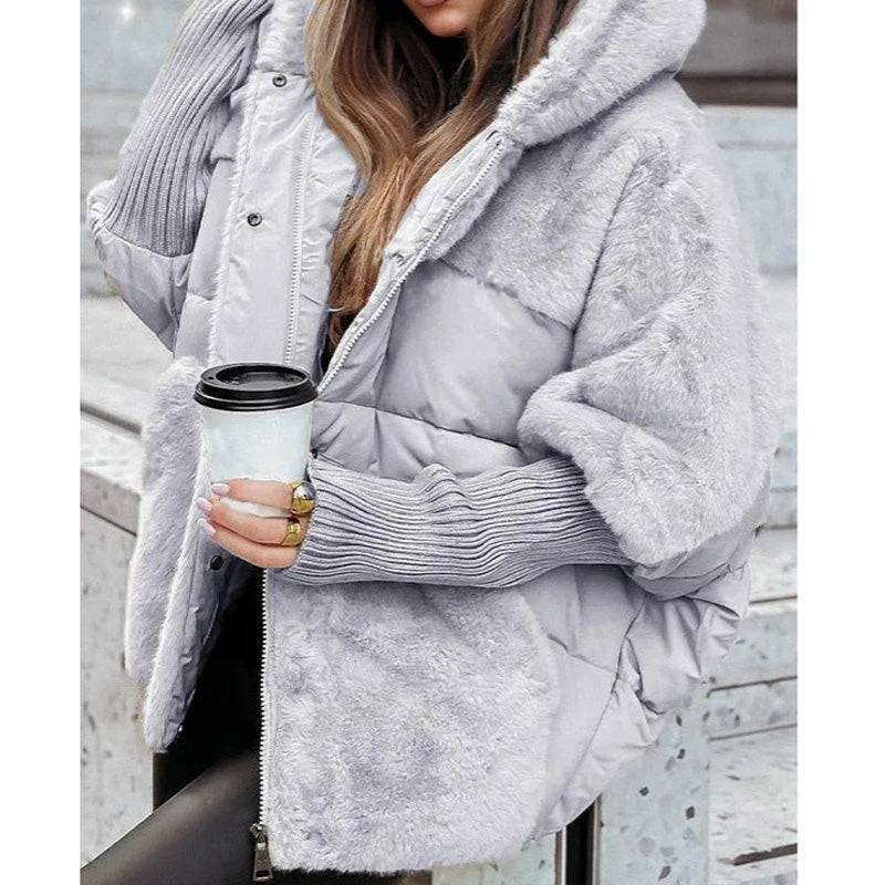 Women’s Oversized Puffer Jacket with Hood in Patchwork Design