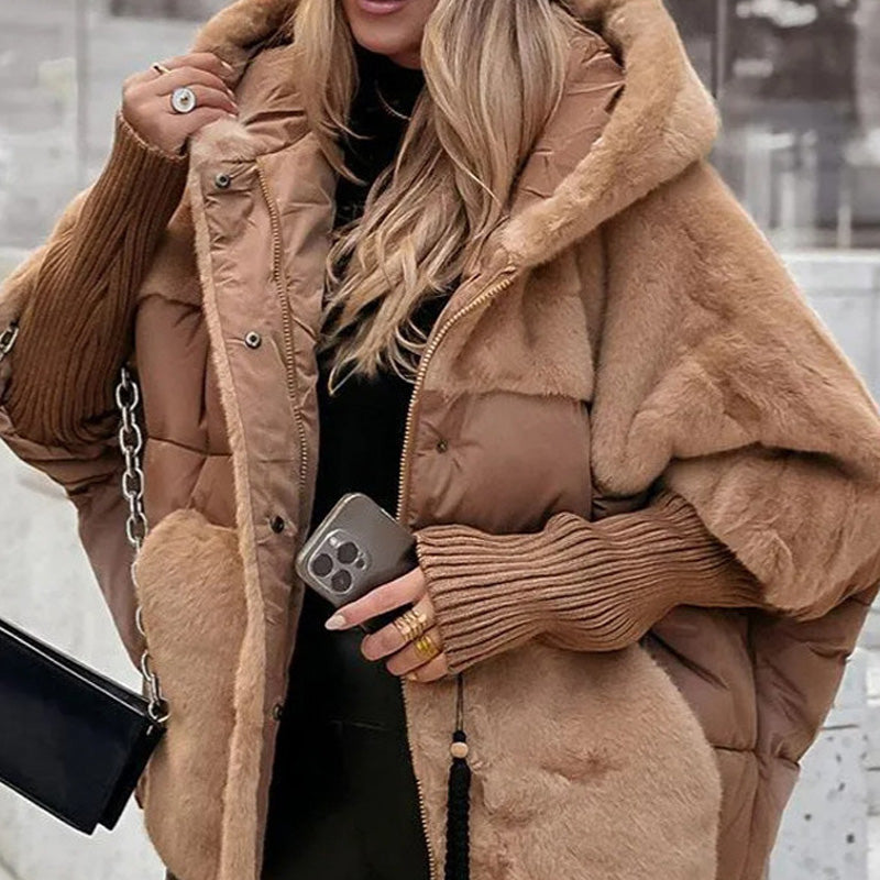 Women’s Oversized Puffer Jacket with Hood in Patchwork Design