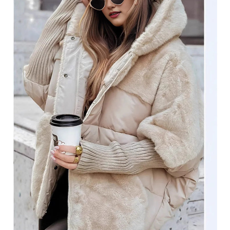 Women’s Oversized Puffer Jacket with Hood in Patchwork Design